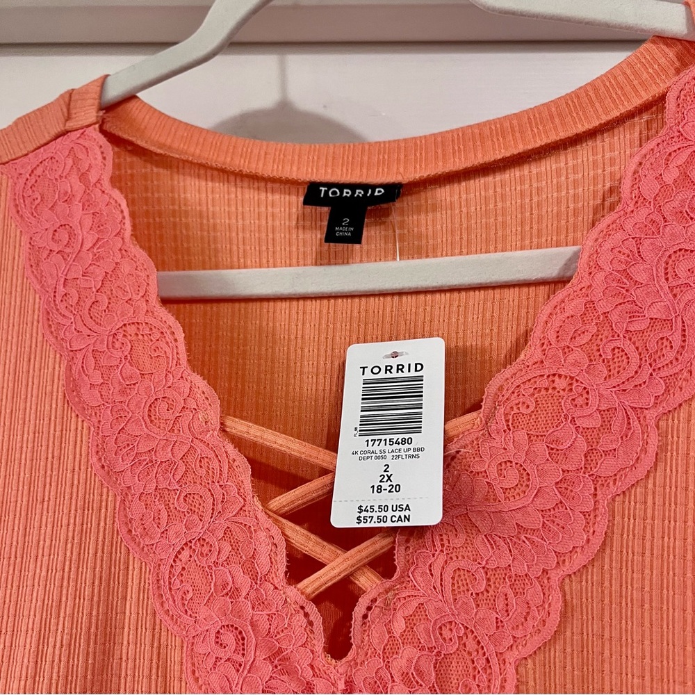 NEW Torrid Coral Babydoll Textured Knit Strappy Short Sleeve Top, Size 2 - Picture 8 of 8